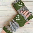 thumbnail image 1 of Warm Gloves, Hearts Pattern, Cozy Funny Embroidery Pattern Fingerless Knitted Gloves, Fashion Casual Leaky Finger Glove Warm Knit Cute Design Glovess for Women Green Free, 1 of 3