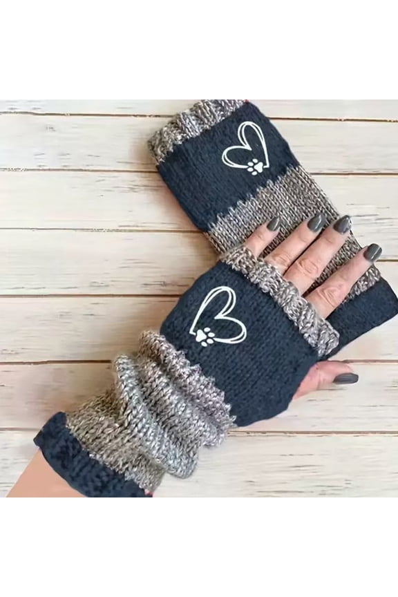 Warm Gloves, Hearts Pattern, Cozy Funny Embroidery Pattern Fingerless Knitted Gloves, Fashion Casual Leaky Finger Glove Warm Knit Cute Design Glovess for Women Navy Free