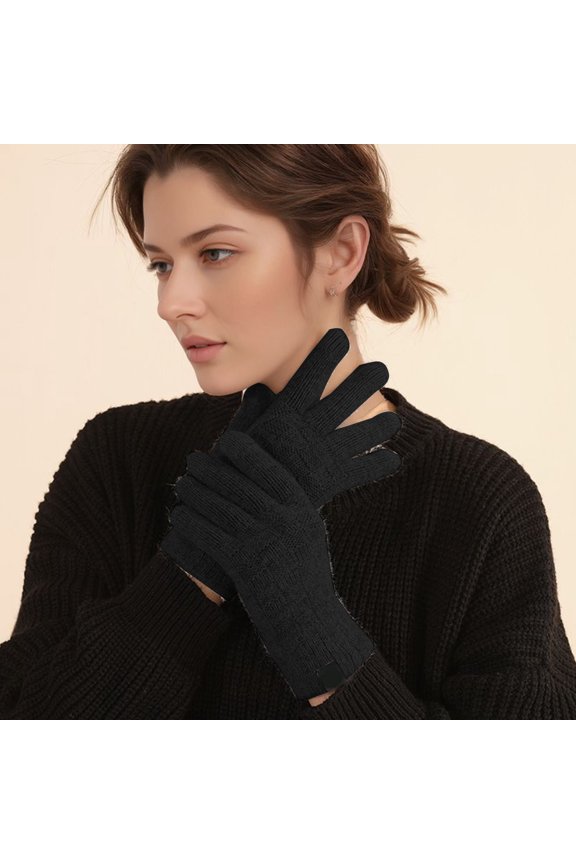 Warm Gloves Plus Size Knitted Thermal Plaid Pattern Thickened Fleece Gloves Winter Mittens Black One Size