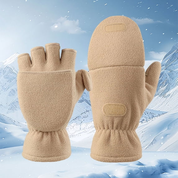 Warm Gloves Solid Color Convertible Flip Top Mittens Windproof Polar Winter Mittens Beige L
