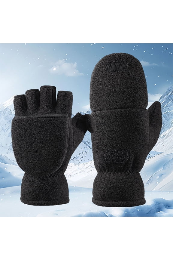 Warm Gloves Solid Color Convertible Flip Top Mittens Windproof Polar Winter Mittens Black XL