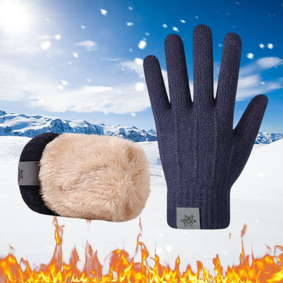 Warm Gloves Thermal Knitted Gloves Lined Touchscreen Windproof Cycling Snow Mittens Navy One Size