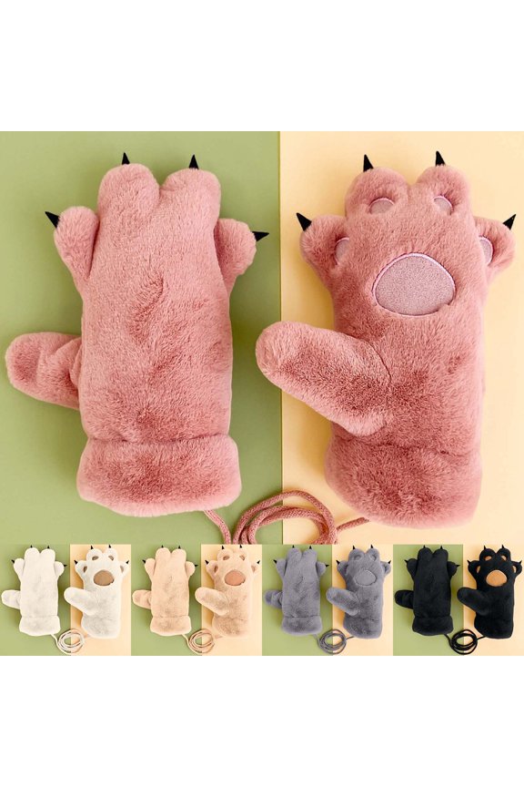 Warm Gloves for Cold Weather Bear Cute Academic Style Winter Windproof Students Cycling Neck Strap Unisex Mittens Pink One Size