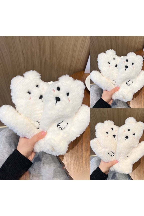 Warm Gloves for Cold Weather Cute Face Bear Winter Warm Style Soft with Cartoon Design Weather Teens Girls Mittens Beige One Size