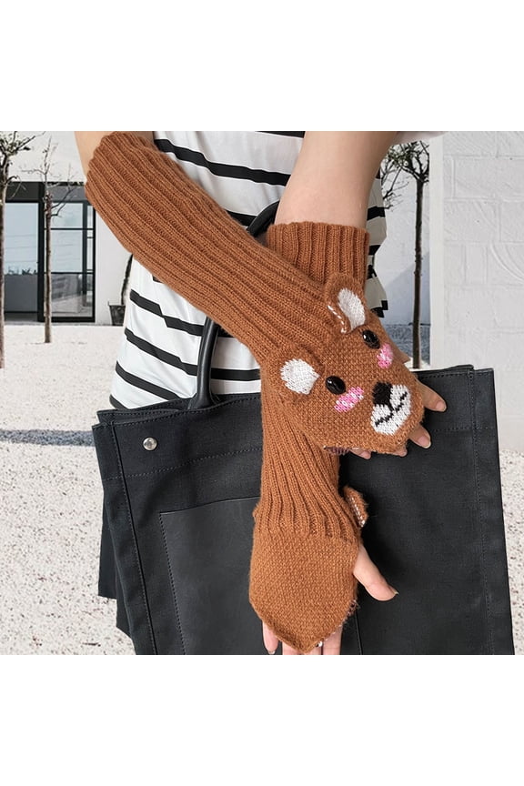 Warm Gloves for Cold Weather Winter Warm Bear Design Arm Sleeve Cozy Thermal Forearm Covers Soft Outdoor Unisex Mittens Brown One Size