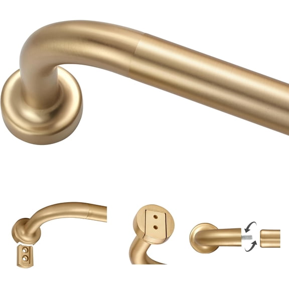 Warm Gold Curtain Rods for Windows 48-88",1 Inch Disc Wrap Around Curtain Rod with Aluminum Finials and Brackets,No Screw Disassembly Adjustable Blackout Curved Room Darkening Curtain Rod
