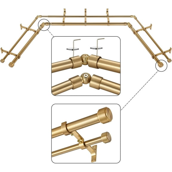 Warm Gold Double Corner Window Curtain Rods with Aluminum End Cap Finials and Brackets,1 Inch Diameter Dual Bay Window Curtain Rods, Adjustable 2 Sided 20-36" and 36-72" Center Double Rod