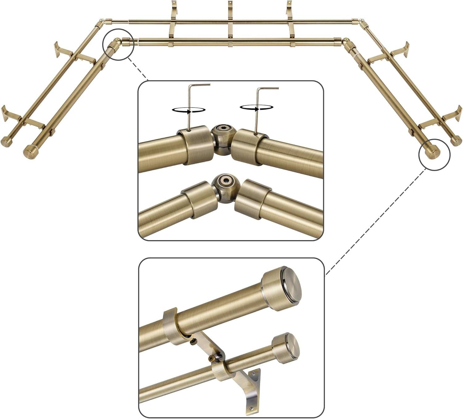 Warm Gold Double Corner Window Curtain Rods with Aluminum End Cap Finials and Brackets,1 Inch Diameter Dual Bay Window Curtain Rods, Adjustable 2 Sided 20-36" and 36-72" Center Double Rod