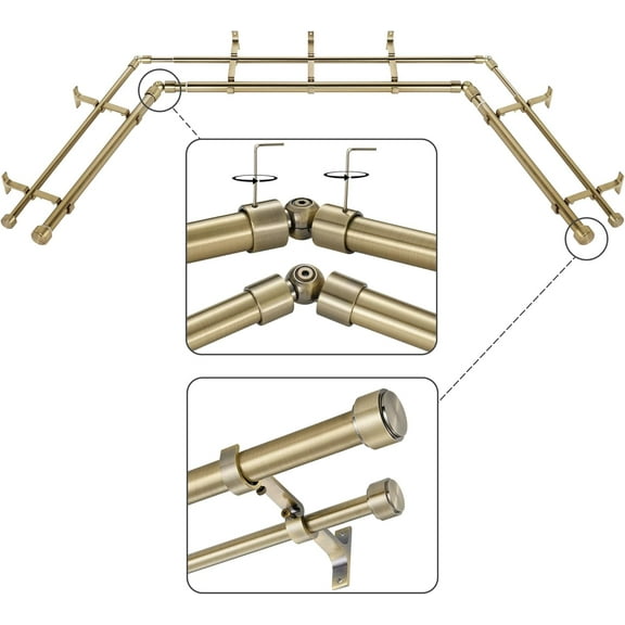 Warm Gold Double Corner Window Curtain Rods with Aluminum End Cap Finials and Brackets,1 Inch Diameter Dual Bay Window Curtain Rods, Adjustable 2 Sided 20-36" and 36-72" Center Double Rod