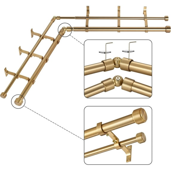 Warm Gold Double Corner Window Curtain Rods with Aluminum End Cap Finials and Brackets,1 Inch Diameter Dual Bay Window Curtain Rods, Adjustable 2 Sided 36-72 Inch Double Drapery Rod