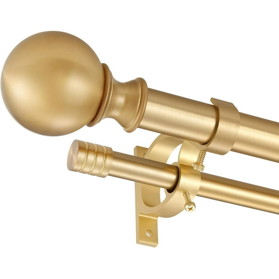 Warm Gold Double Curtain Rods 36-72", Decorative Window Treatment Curtain Rod with Round & Barrel Finials, 1-Inch Front and 5/8 Inch Back Double Telescoping Drapery Rod, Adjustable Double Window Rod