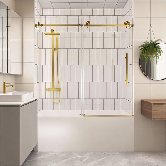 Warm Gold Frameless Sliding Shower Door for Bathroom, 1/4 Inch Clear Tempered Glass, Fits 56-60 Inch Openings