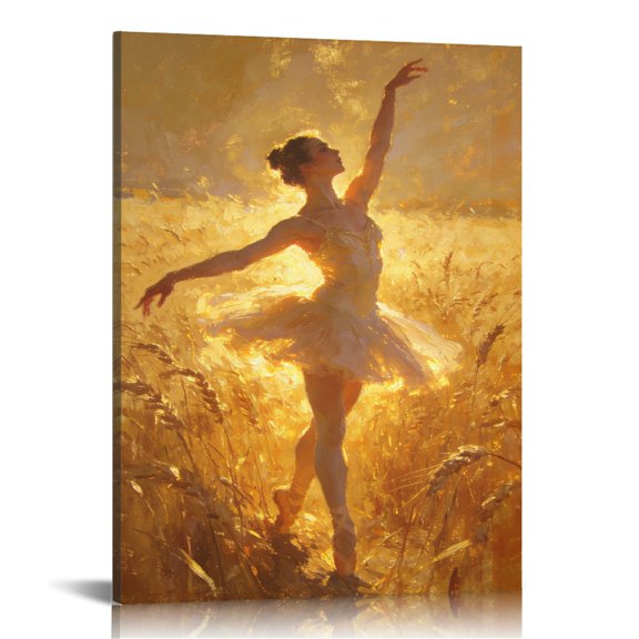 Warm Gold Light Wheat Field Ballerina Art Printed Canvas Wall Art Hidden Wooden Frame Artistic Healing Decor for Living Room and Bedroom 12x18in