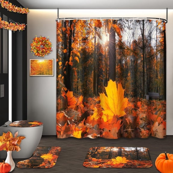 Warm Gold Maple Leaves Shower Curtain Sets with Toilet Lid Cover and Non-Slip Rugs, Autumn Bush 4 Pcs Shower Curtains for Bathroom, Fall Sun Nature Bathroom Set Decor