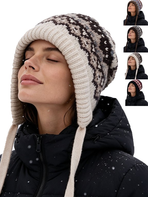Warm Hats for Women Knit Vintage Print Hat with Ear Flap- Nordic Style Warm Cozy Outdoor Skiing Hat