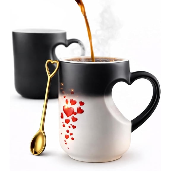 "Warm Her Heart" Magic Coffee Cup - Heat Reveal Red Heart Pattern Mug with Heart-Shaped Handle - Unique Romantic Gift for Valentine’s Day, Anniversaries & Soulmates