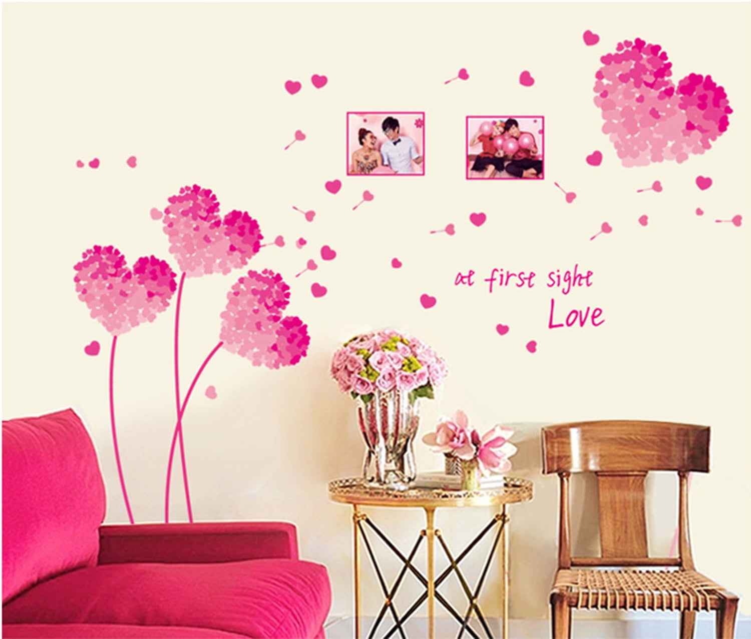 Warm Heart Type Flowers Pink Wall Decal Sticker - DIY PVC Removable ...