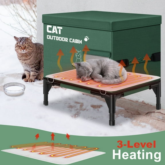 Warm Heated Cat House for Outside Feral Barn Cats in Winter, Outdoor Cat House Weatherproof with Heating Pad, Insulated Shelter for Outside Stray Barn Cat Kitty w/ 2 Safe Escape Doors, 21"Lx16"Wx19"H