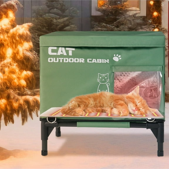 Warm Heated Cat House for Outside Feral Barn Cats in Winter, Outdoor Cat House Weatherproof with Heating Pad, Insulated Shelter for Outside Stray Barn Cat Kitty w/ 2 Safe Escape Doors, 16"Lx12"Wx17H"