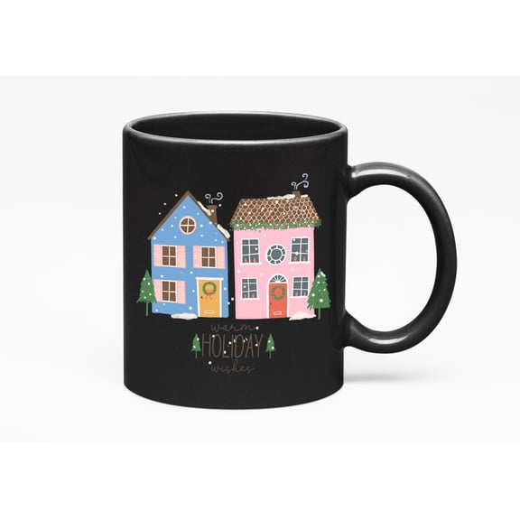 Warm Holiday Wishes, Handrawn Winter or Christmas Art Merch Gift, Black 11oz Ceramic Mug