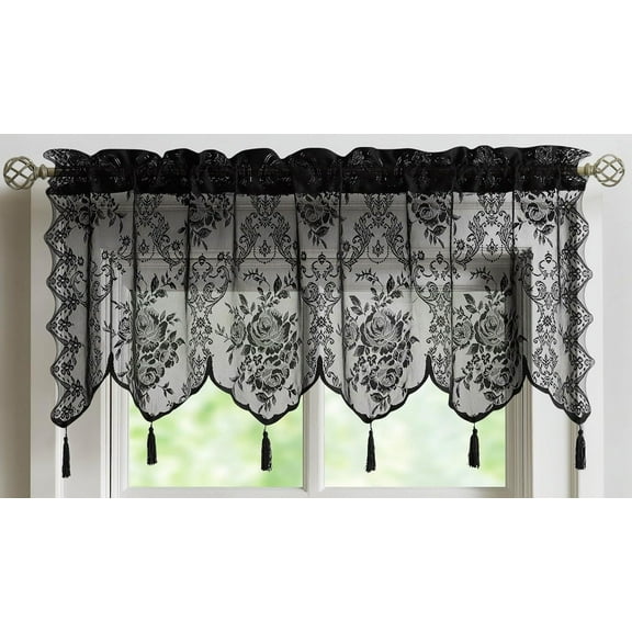 Warm Home Designs 1 Black Color 54” (W) x 22” (L) Semi Sheer Lace Kitchen Valance with 4 Tassels. L Black Valance