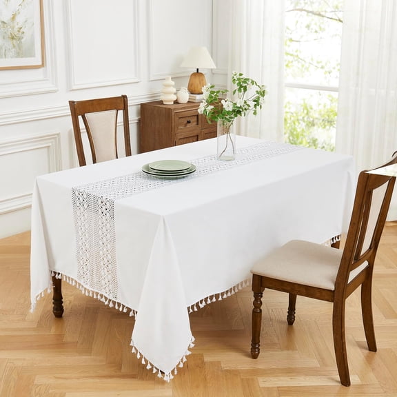 Warm Home Designs 104 Inch White Rectangle Tablecloth with Tassels. Heavy Poly Cotton Crochet Tablecloth is Great for Farmhouse or Vintage Decor, Wedding or Family Celebration. ZARA REC 104 WHITE