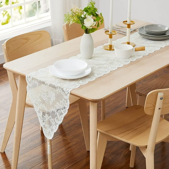Warm Home Designs 14 x 96 Ivory Lace Table Runner with Rose Design & 2 Attached Tassels. MTR Ivory 96
