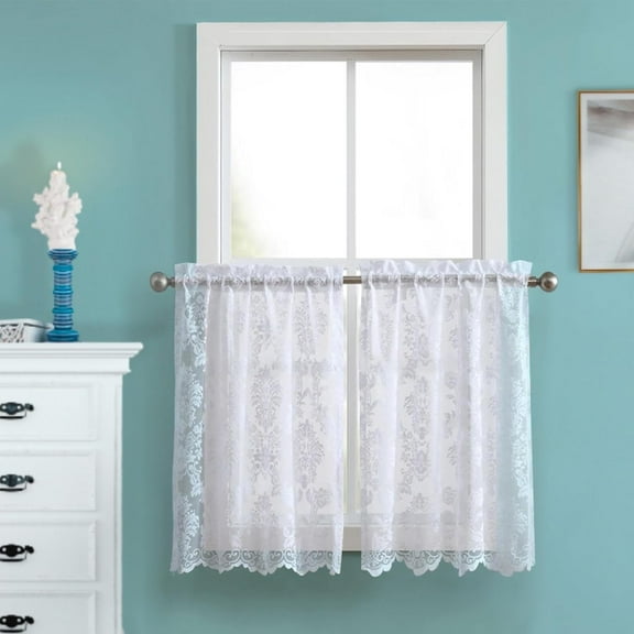 Warm Home Designs Pair of 30" W x 24" L White Lace Kitchen Curtains. FI White Tiers 24