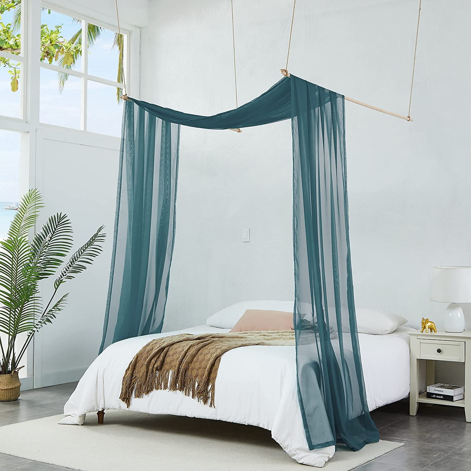 Dusty Blue Sheer Polyester Rectangular Bed Canopy Curtains
