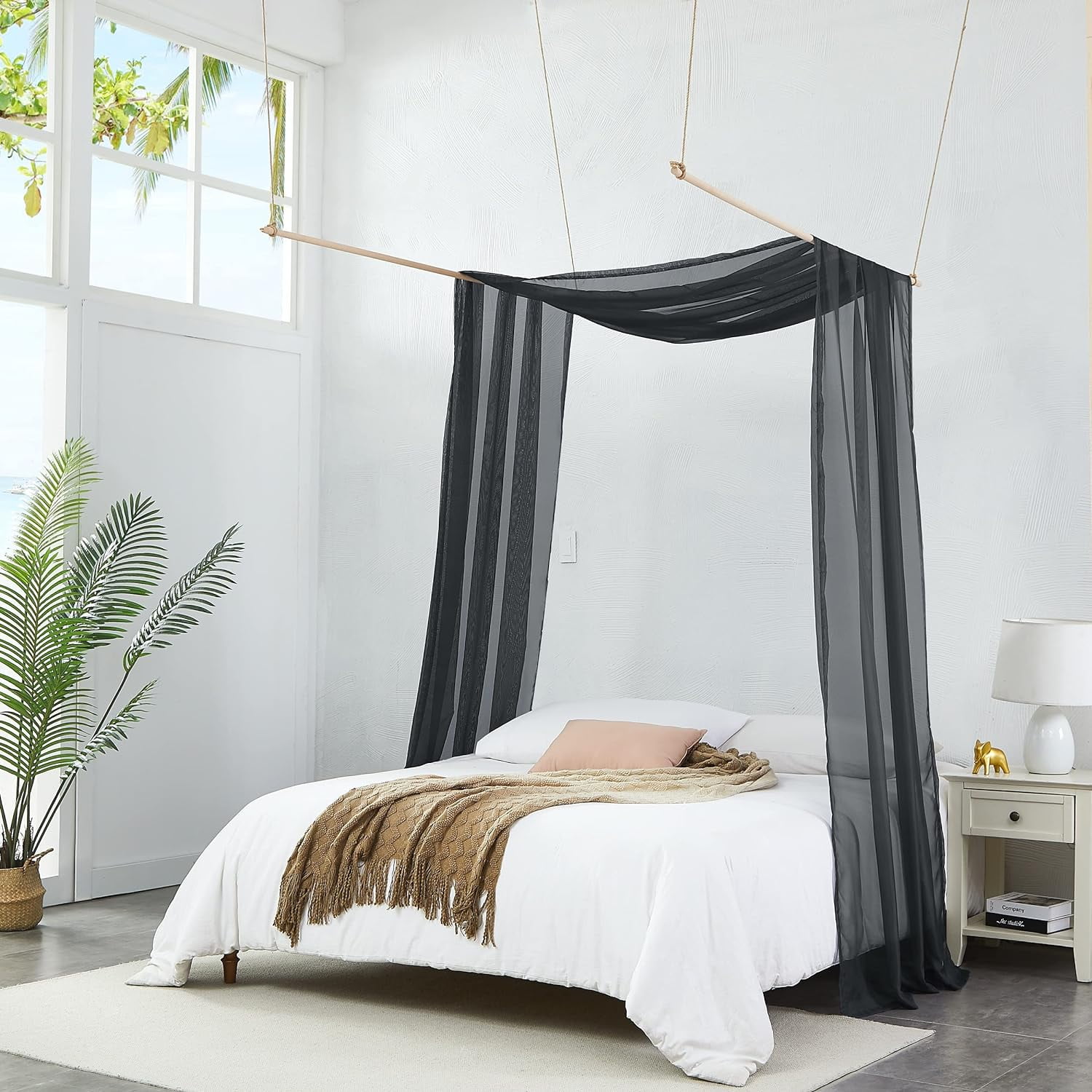 Black Polyester Extra Long Bed Canopy Curtains for King Bed