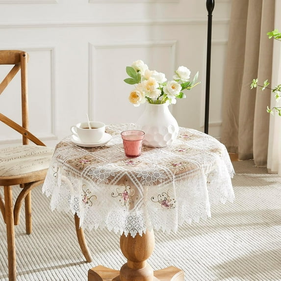 Warm Home Designs 60 Inch Round Embroidered White Tablecloth for Vintage Kitchen. VTC White 60 Round