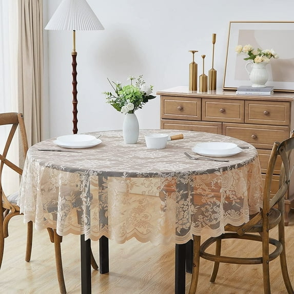WARM HOME DESIGNS 70 Inch Round English Rose Golden Linen Lace Tablecloth for 4-6 Guests. LTC Linen 70
