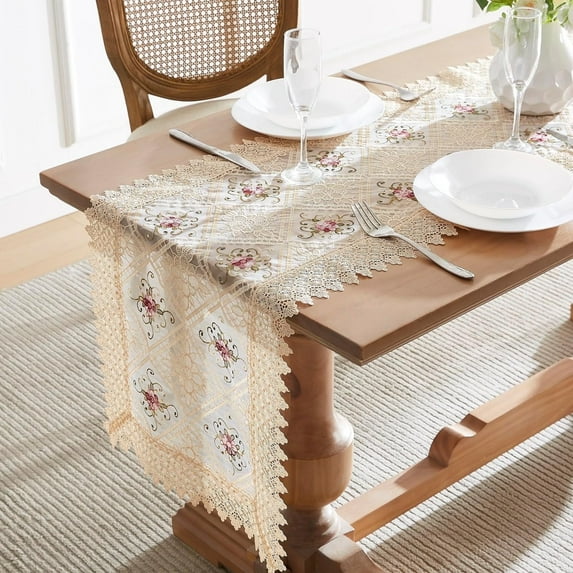 Warm Home Designs 72 Inch Long Linen Table Runner, Embroidered with Intricate Flower Design. VTR 72 LINEN