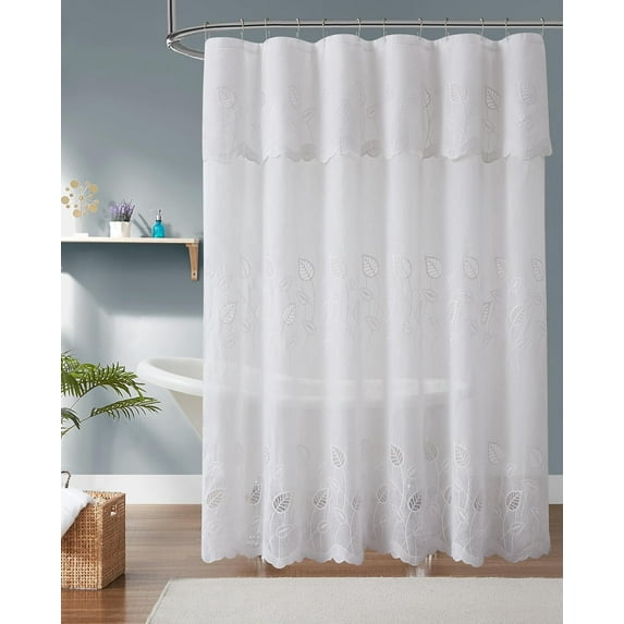 Warm Home Designs 84 Inch Leaf Embroidered Vintage White Shower Curtain with Attached Valance. EMS White 84