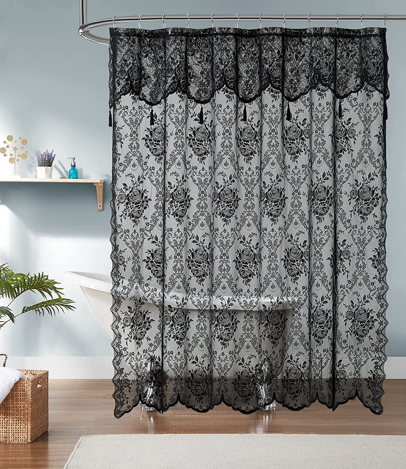Warm Home Designs Elegant Sheer Fabric Black Lace Shower Curtain with