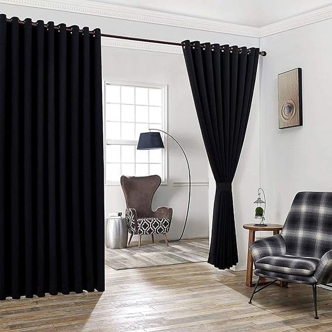 Warm Home Designs Extra Large 2 Black Room Divider Curtains 108" W x 99" L Each with 2 Matching Tie-Backs.  N Black Wall 99