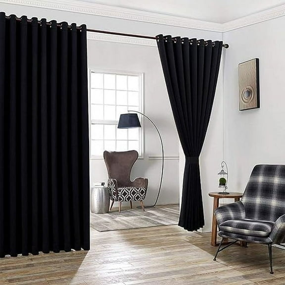 Warm Home Designs Extra Large 2 Black Room Divider Curtains 108" W x 99" L Each with 2 Matching Tie-Backs. N Black Wall 99