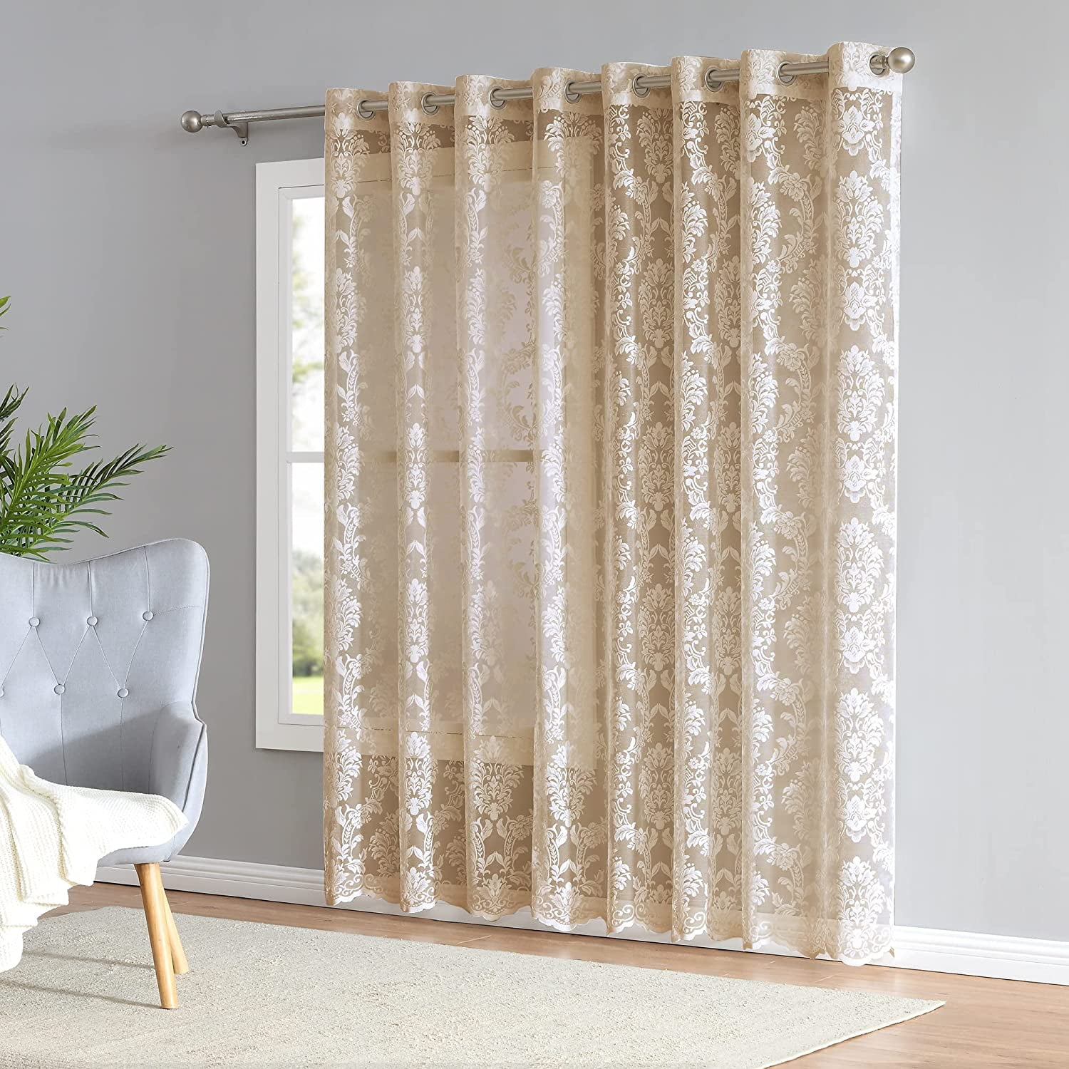 Warm Home Designs Extra Wide 102" x 84" Linen Color Knitted Lace Patio or Sliding Door Curtains with 6 Grommets per Panel. LISA PATIO 84 LINEN