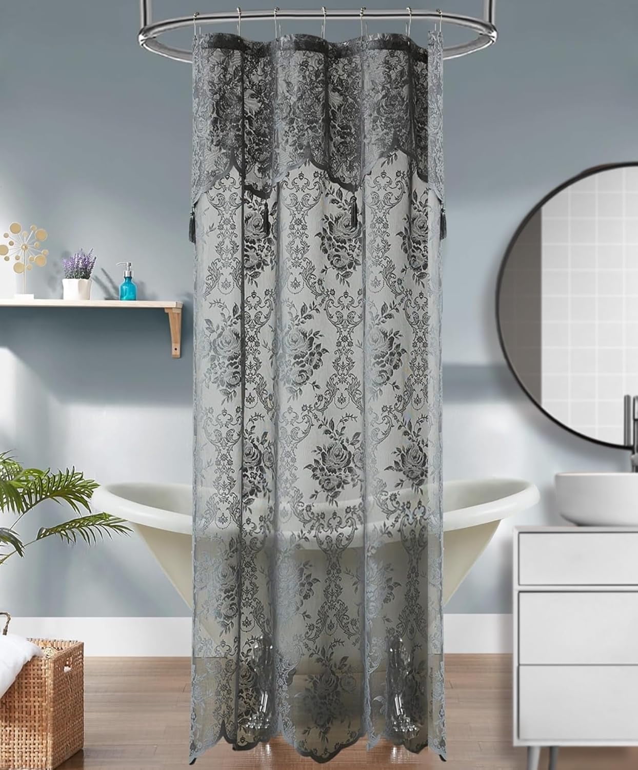 WARM HOME DESIGNS Grey Lace Shower Curtain 36 W x 72 L Inches with Attached Valance & Tassels. LA Grey 36