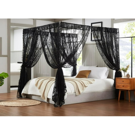 Warm Home Designs Lace Canopy Bed Curtains Set Consists of 8 48" x 78" Black Canopy Curtains with Tie-Backs. Queen Canopy Bed Curtains or King Bed Canopy Curtains for Gothic Bedroom Decor. LC Black