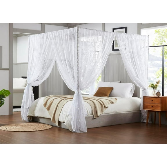 Warm Home Designs Lace Canopy Bed Curtains Set Consists of 8 48" x 78" White Canopy Curtains with Tie-Backs. LC White