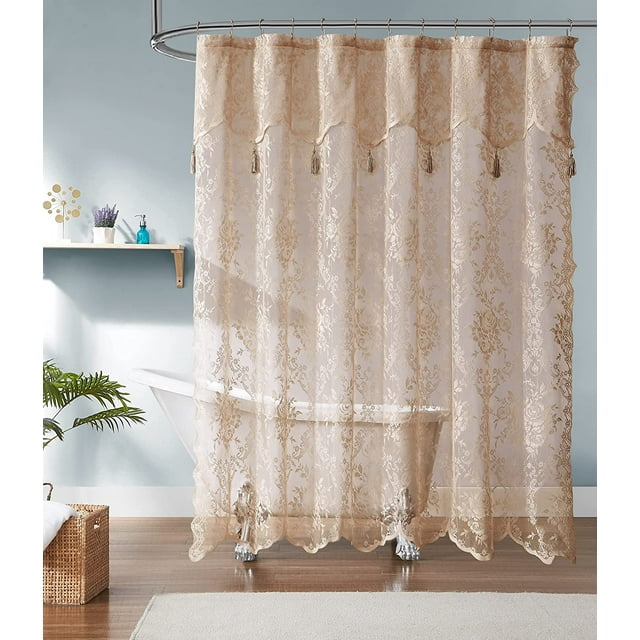 WARM HOME DESIGNS Lace Shower Curtain with Attached Valance & 7 Tassels ...