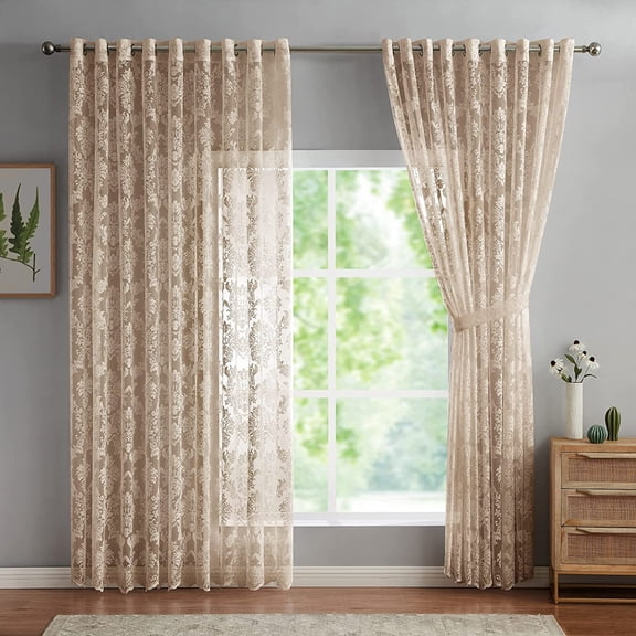 Warm Home Designs Pair of Extra Wide, Extra Long 108" x 100" Golden Linen Color Knitted Lace Room Dividing Curtains with 18 Grommets per Panel. LISA WALL LINEN 100
