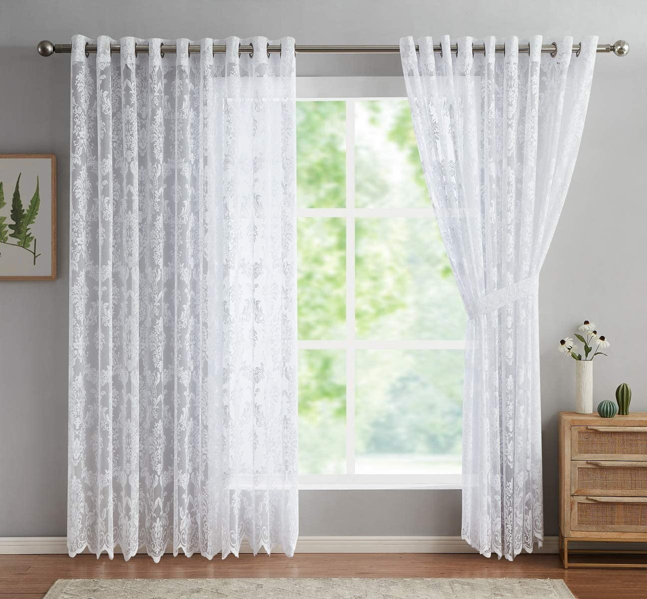 Warm Home Designs Pair of Extra Wide, Extra Long 108" x 100" White Color Knitted Lace Room Dividing Curtains with 18 Grommets per Panel. LISA WALL WHITE 100