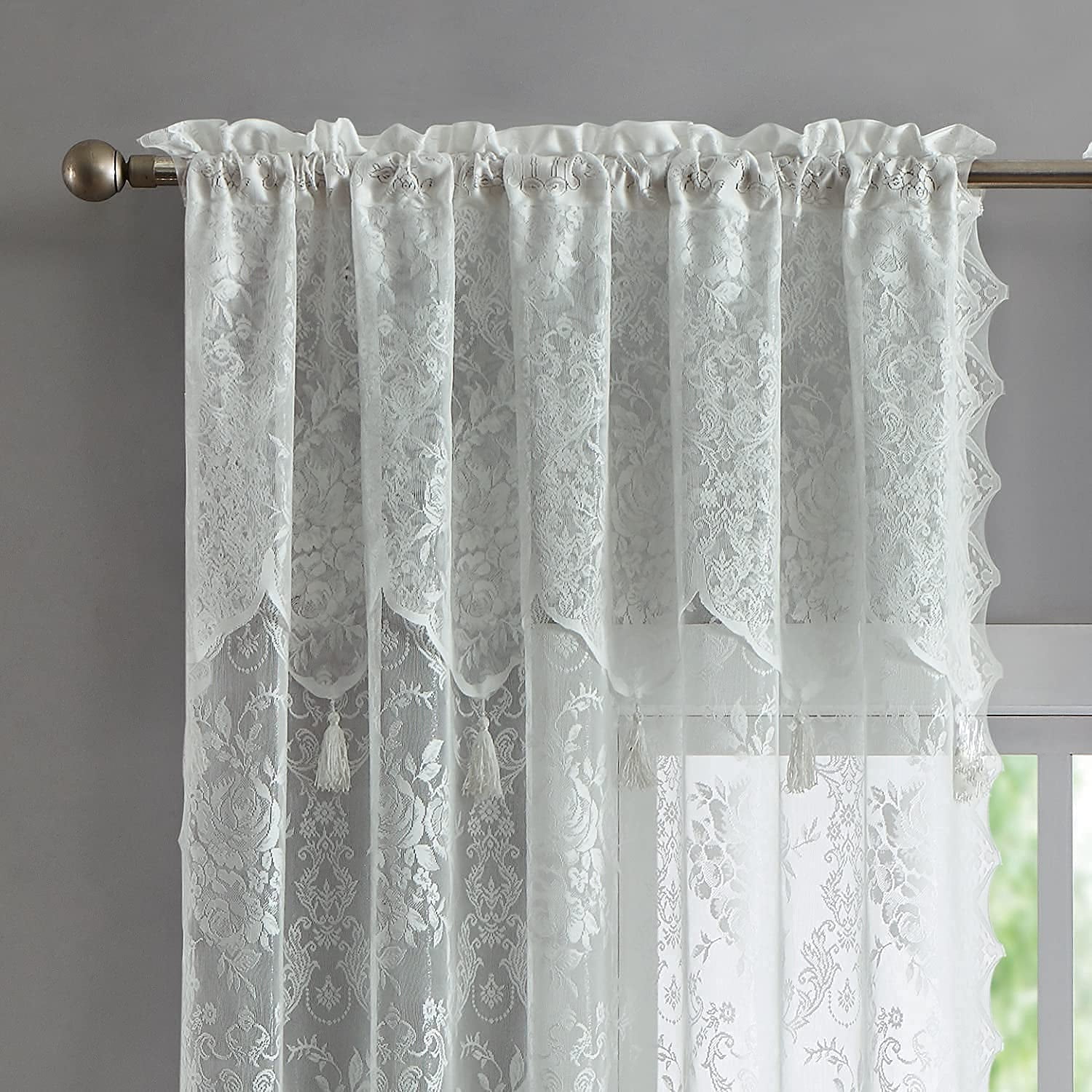 Ivory Lace Sheer Curtains with Tassels and Valance, 54" x 63"