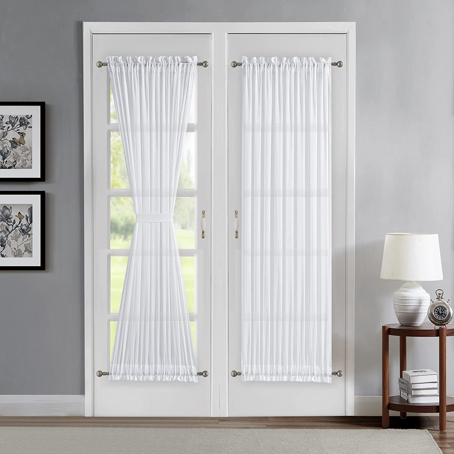 Sheer White Faux Linen French Door Curtains with Tie-Backs