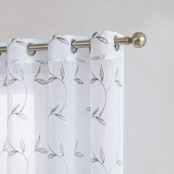 Warm Home Designs Pair of Long Length 54" x 96" Sheer White Curtains with Gray Charcoal Leaf Embroidery. M Charcoal 96