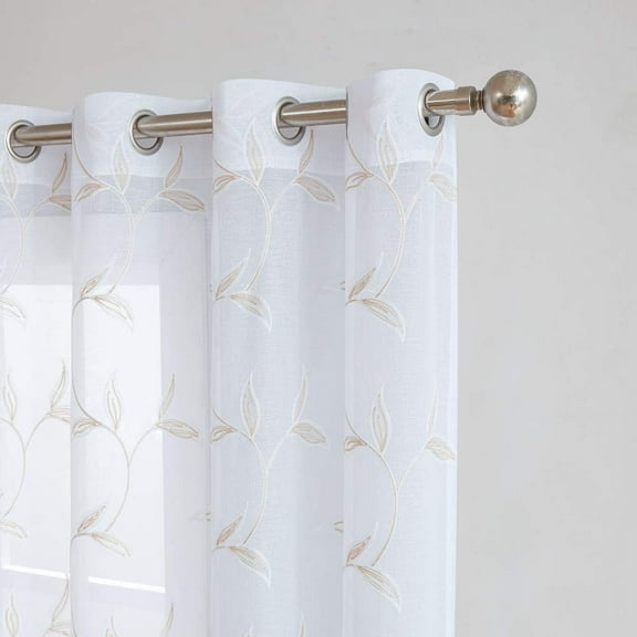 Warm Home Designs Pair of Short Length 54" x 63" Sheer White Curtains with Gold Linen Leaf Embroidery. M Linen 63