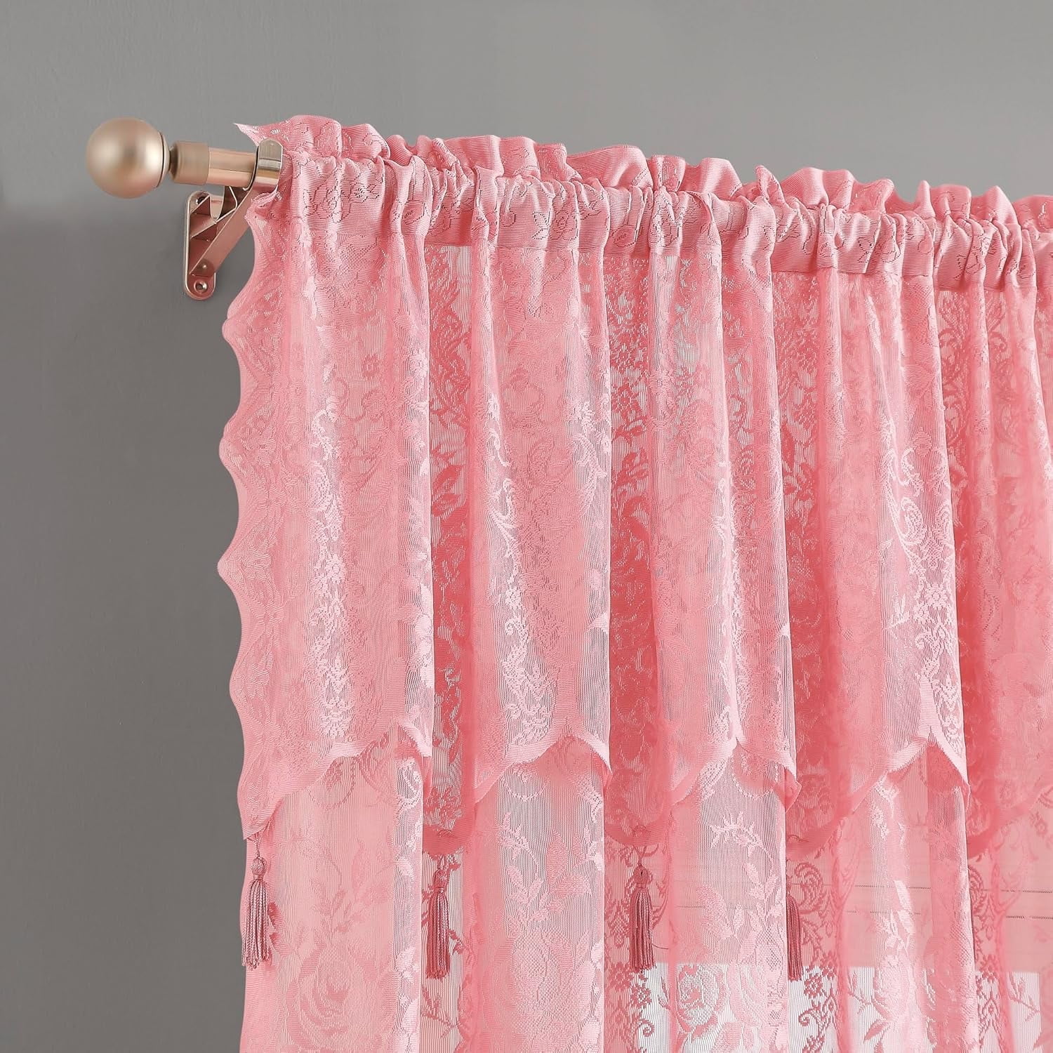 Warm Home Designs Pair of Standard Length 54” (W) 63” (L) Semi Sheer Pink Lace Curtains. L Rose 63