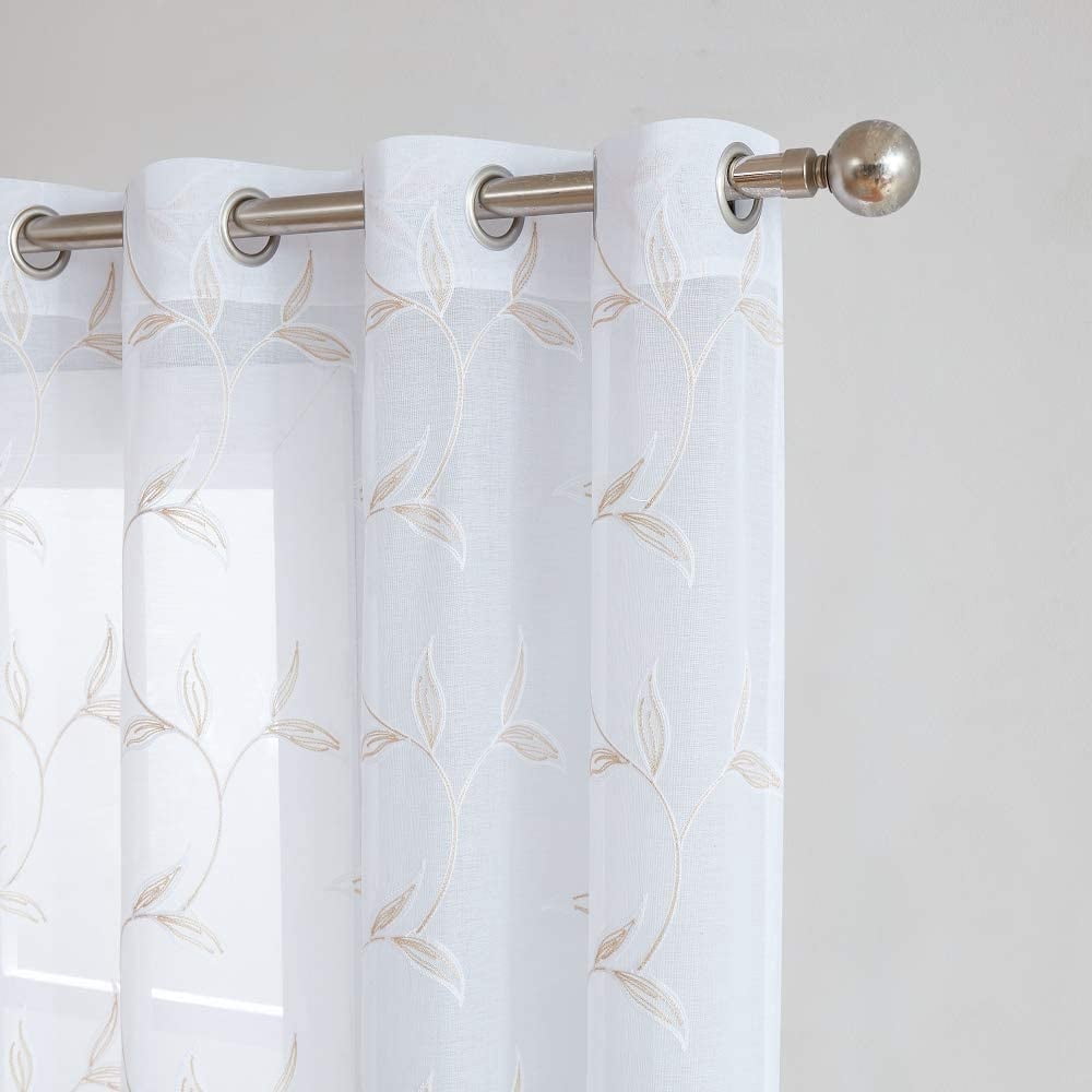 Warm Home Designs Pair of Standard Length 54" x 84" Sheer White Curtains with Gold Linen Leaf Embroidery. M Linen 84